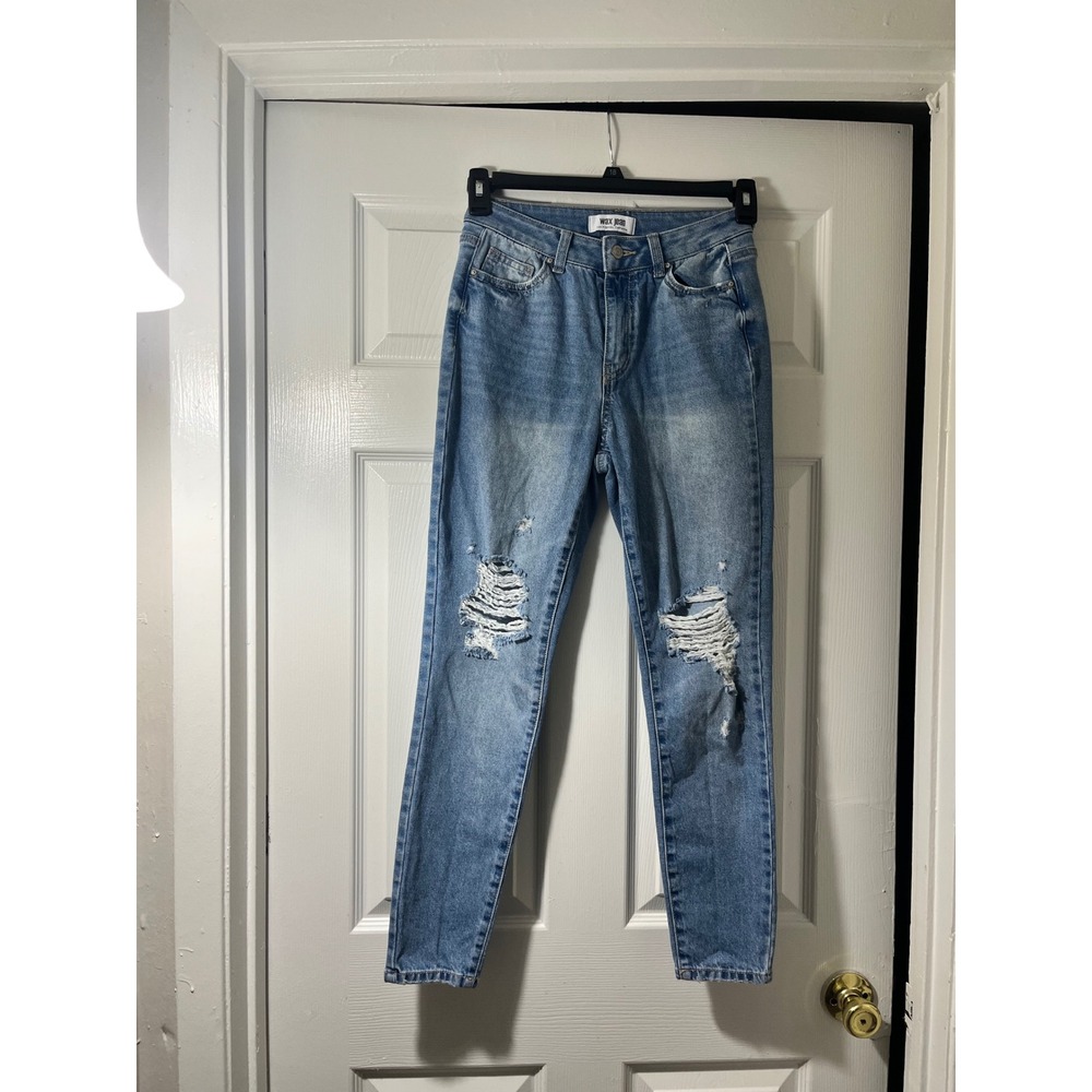 Wax Jean Womens Distressed Skinny Jeans Medium Wash Blue Ripped Knee Size 3/26